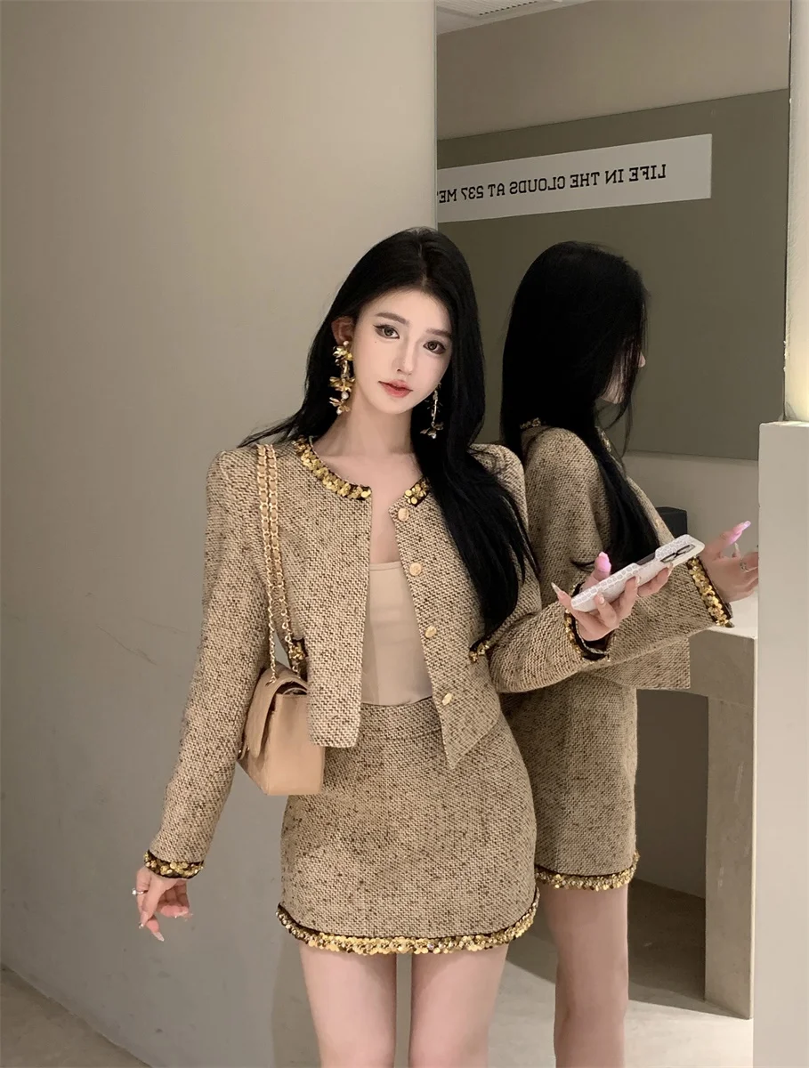 

Style Long Sleeve Short Coat Women's Autumn Winter Fashion Set with Skirt Half Body Wrap around Two Piece Set