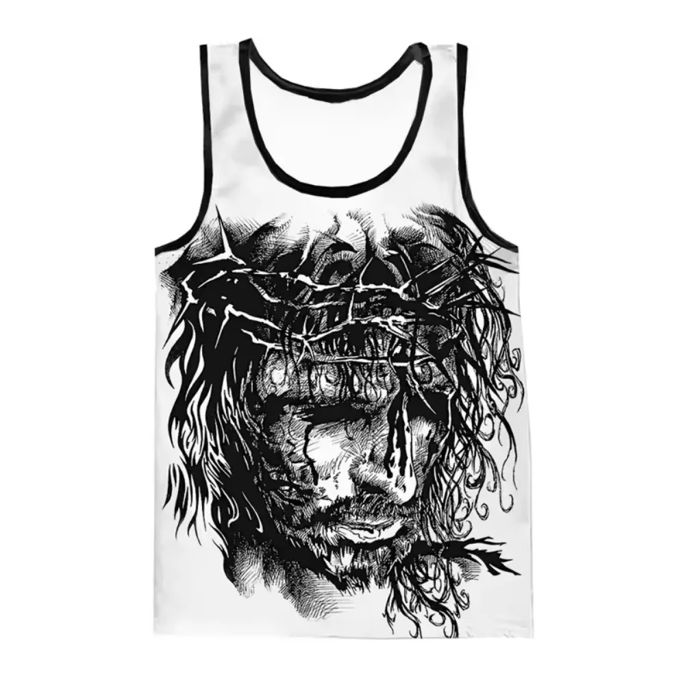 Jesus Thorns Crown Portrait Pattern 3D Printing Men V-Neck Tank Top - Casual Outdoor Sports Breathable and Quick-Drying Clothing
