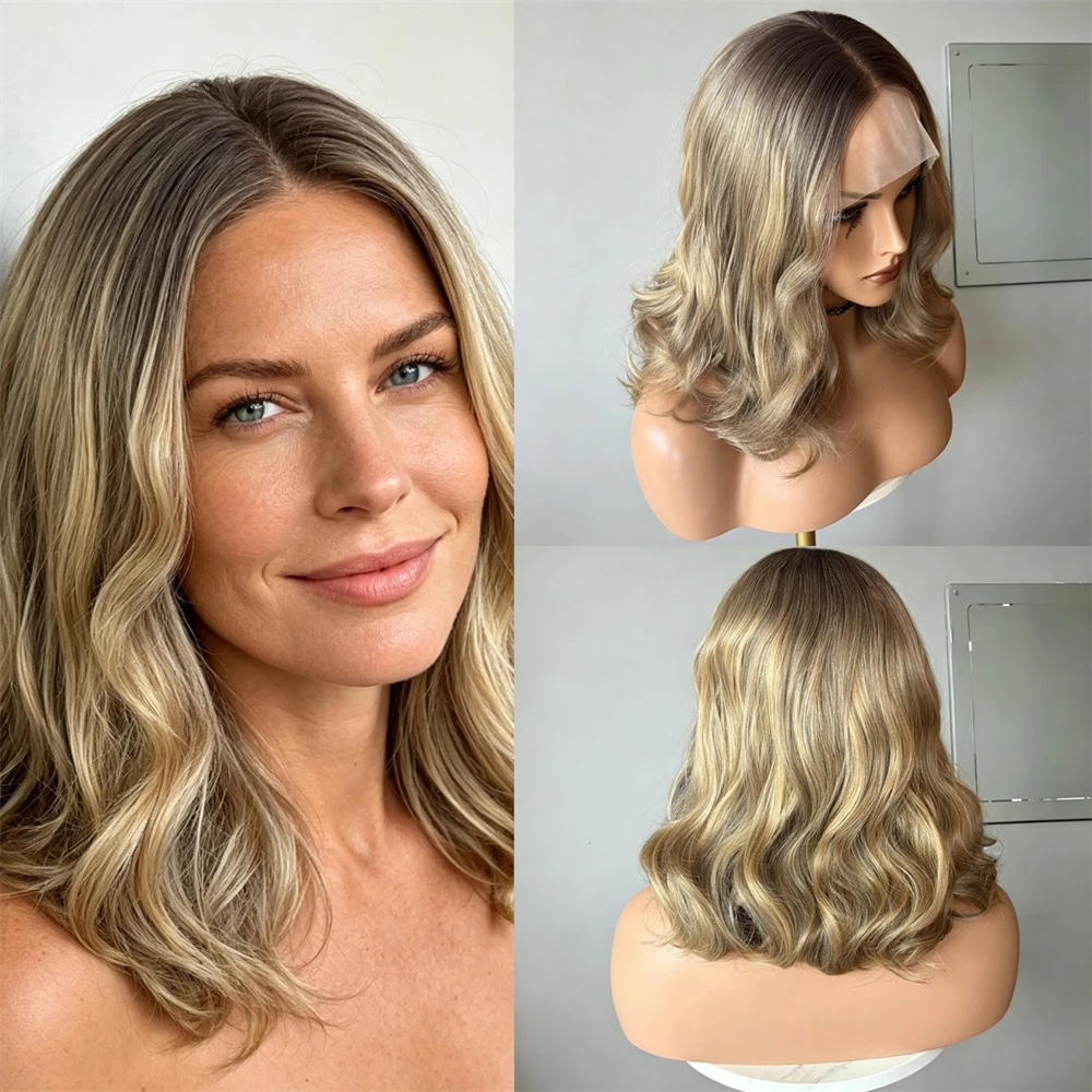 12 Inches Short Wave Bob 13x4 Ombre Brown Blonde Synthetic HD Lace Front Wig Preplucked Hairline Glueless Wig Part Daily Cosplay