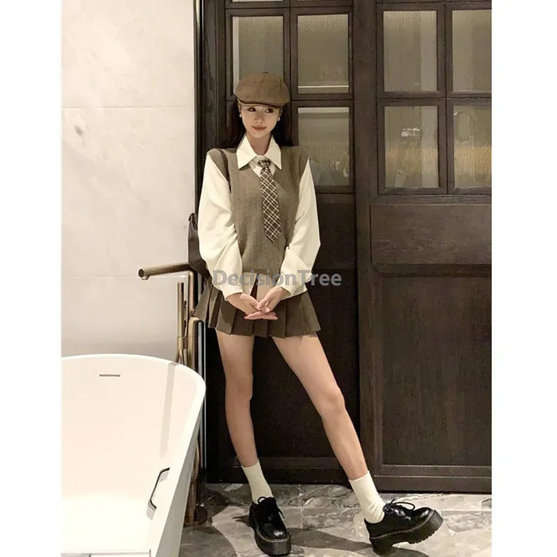 2025 vintage stile accademia jk uniforme autunno maglia gilet camicia a maniche lunghe vita alta gonna a pieghe uniforme scolastica set da 3 pezzi