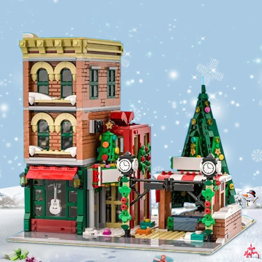 Gobricks MOC ฤดูหนาว Modular สถาปัตยกรรมบรรยากาศคริสต์มาส Street View เพลง Cafe Building Blocks อิฐของเล่นสําหรับของขวัญเด็ก