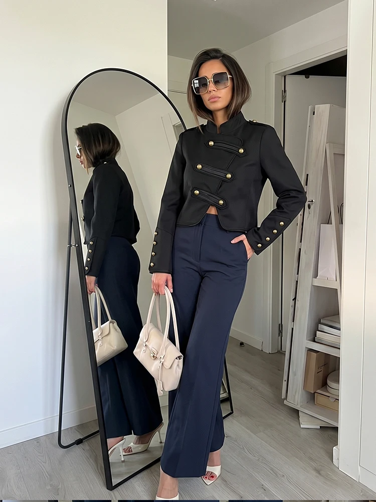 

HH Women's Spring Fall Military Style Cropped Jacket Gold Button Stand Collar Long Sleeve Outerwear Elegant Casual & Office Wear