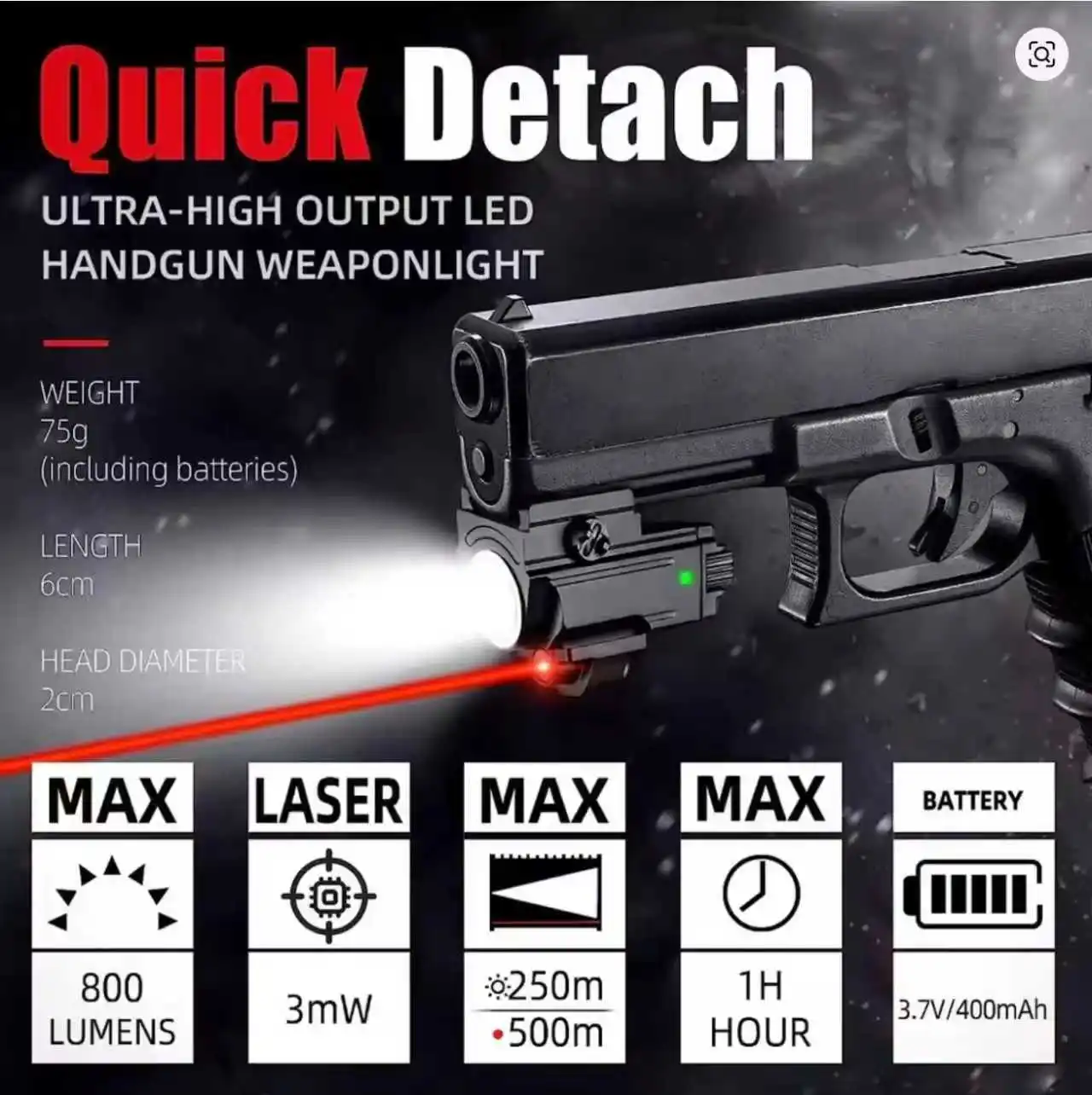 

Фонарик Shan Bao Red laser l800 люмен, подходит для Glock Taurus g2c g3c Ruger Springfield H&K S&W, рельс 20 мм, алюминиевый корпус