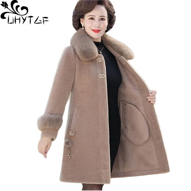 

UHYTGF Middle Aged Mother Autumn Winter Jacket Women's Quality Mink Fleece Woolen Coat Female Casual Warm 5XL Size Overcoat 2278