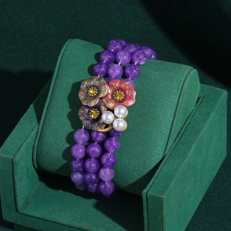 

Vintage Purple Beaded Bracelets for Women Stretchy Glass Lotus Leaf Elegant Luxury Birthday Party Jewelry Trend 2026 Accessories