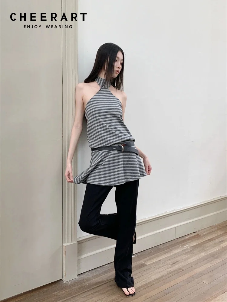 CHEERART Striped Grey And White Sleeveless Halter Dress 2024 Women Summer Backless Tie Neck Mini Short Dress Fashion Clothes