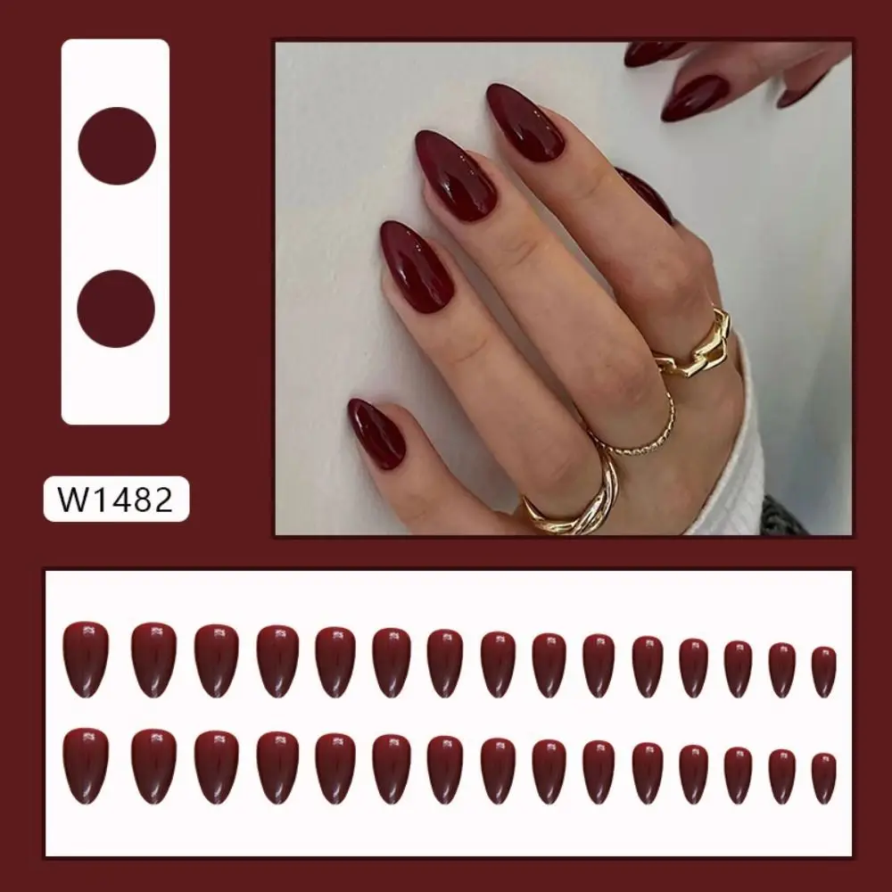 

Manicure Long Almond False Nails Simple French Fake Nials Detachable Cherry Color Nail Tips Women