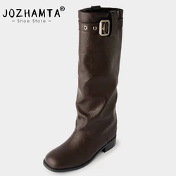 JOZHAMTA Size 34-39 Women Knee Boots Genuine Leather Vintage Stitched Chunky Mid Heels Shoes Fall Winter Knight Thigh High Boots