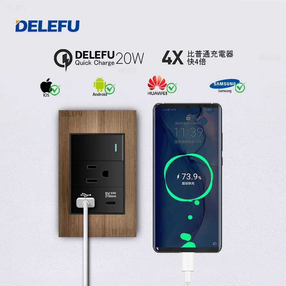 Delefu Aluminium Zoals Hout Usb Type C Us Standaard Stopcontact Mexico America Stekker 118*72Mm Stopcontact Stopcontact Schakelaar Snel Opladen