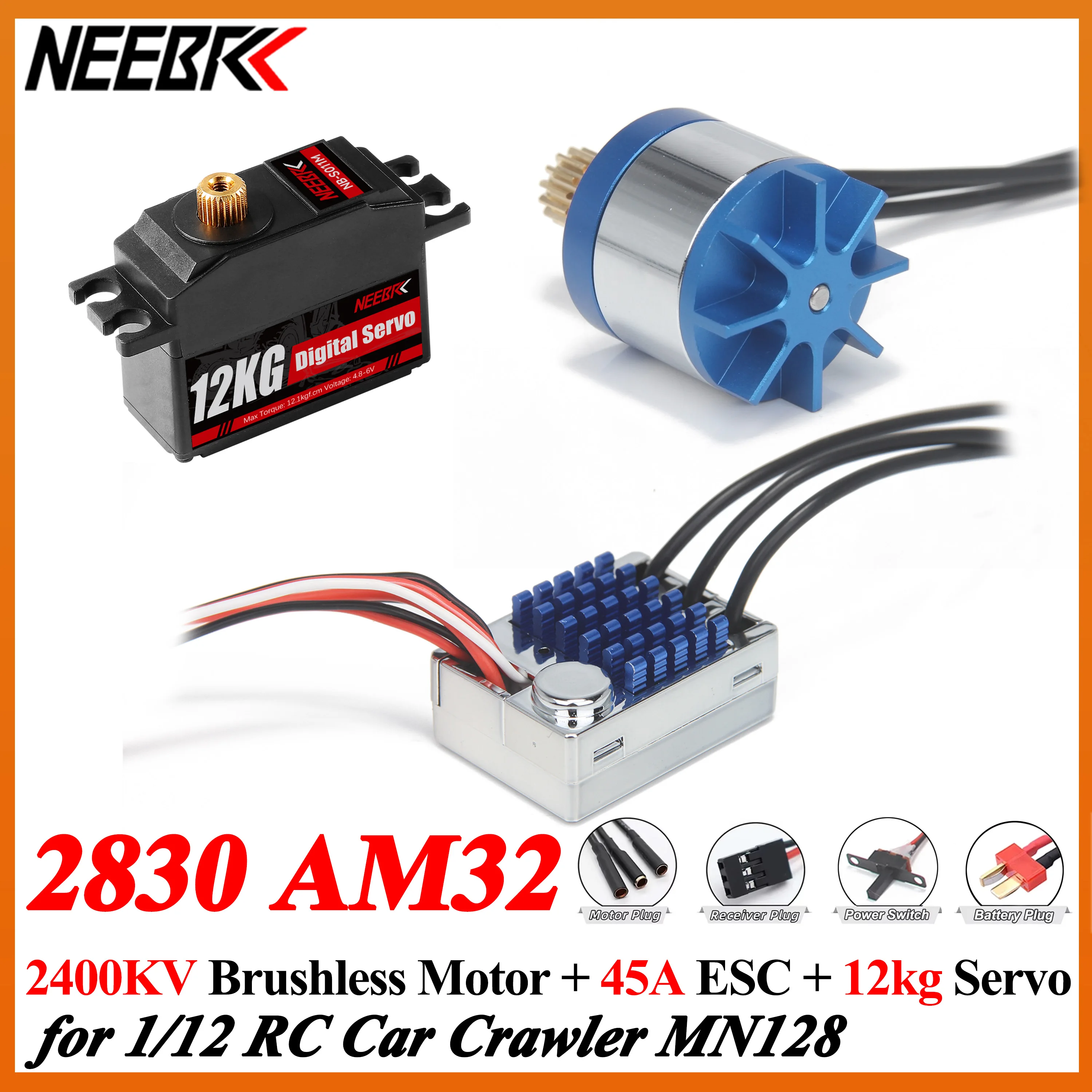 

NEEBRC 2830 2400KV Outrunner Brushless Motor AM32 45A ESC 12kg Servo for 1/12 RC Car Crawler Model Toys MN128 Upgrade Power Kit