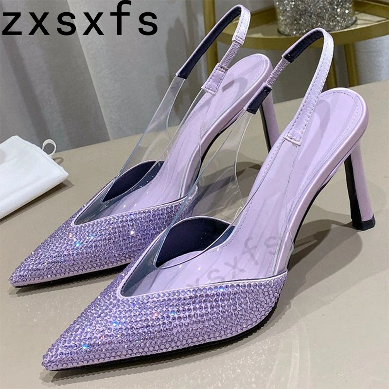 Pvc claro sandálias femininas diamante dedo do pé pontiagudo sapatos de festa deslizamento em estilingues sexy sapatos de salto alto mulher zapatos mujer