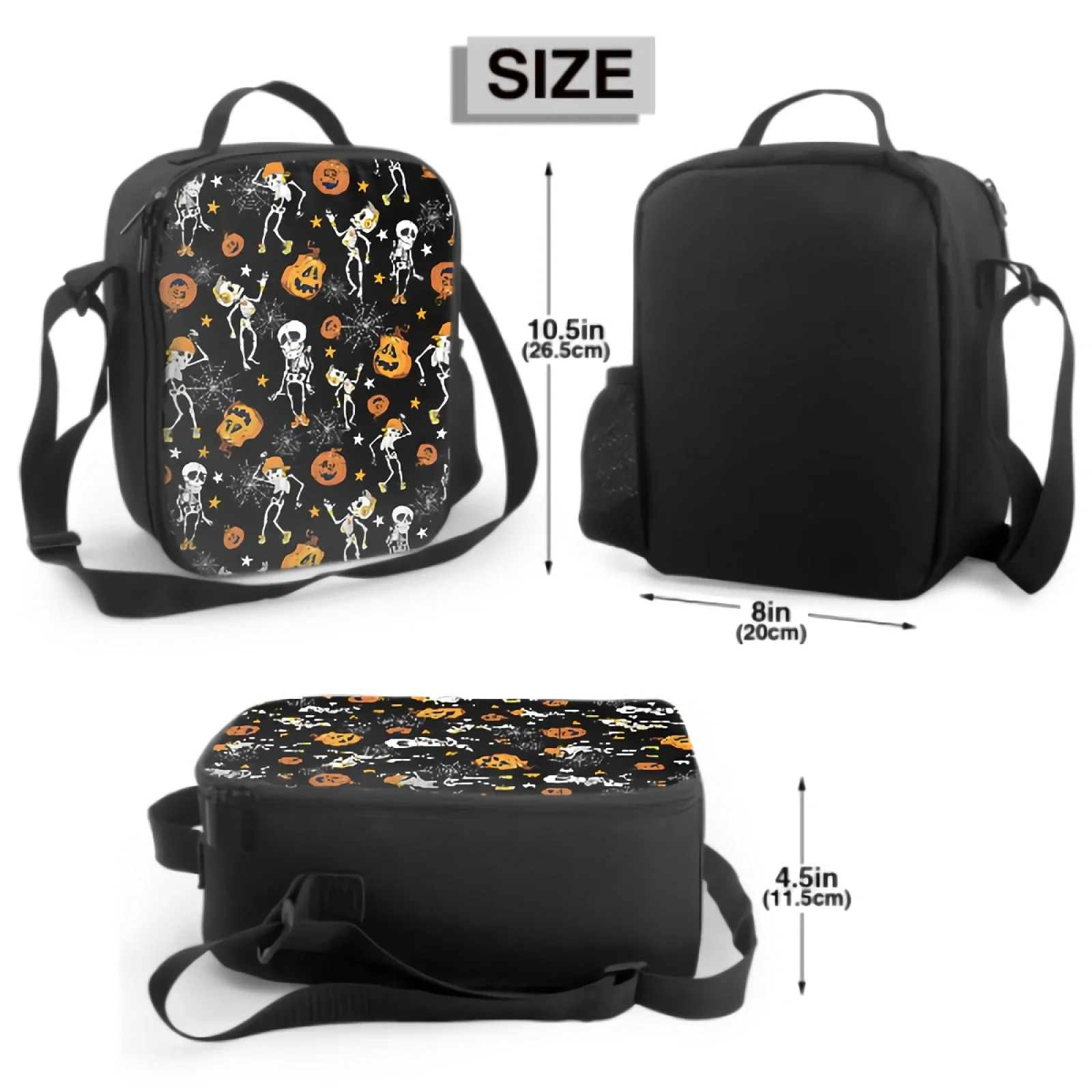 Halloween Pumpkins Lunch Box Hippie Skeletons Lunch Bag with Water Bottle Holder Cooler Bag Insulated Tote Bag for Boys Girls