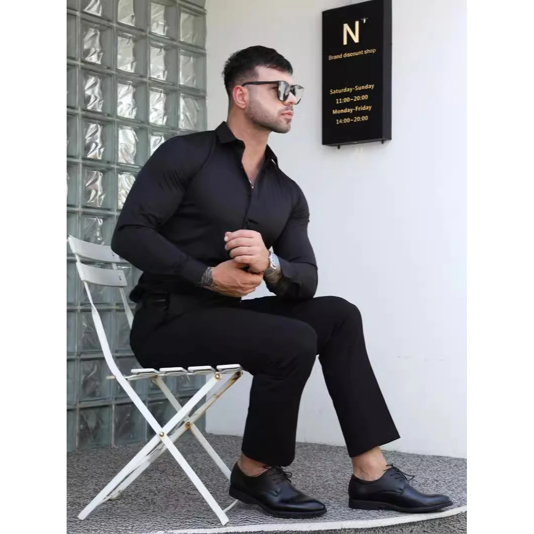 

Men's Slim Fit Long Sve Busin Casual irt Four-Way Stretch Pure Color Profional M Faion Spring Season Youth