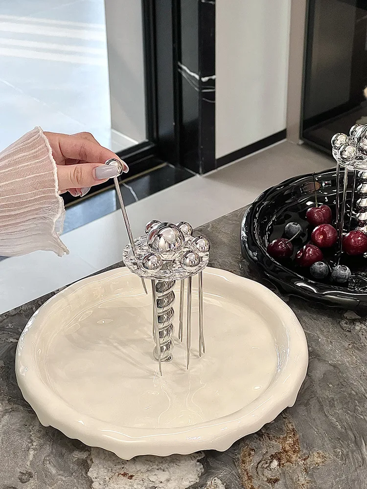 Ahunderjiaz-Luxury Glass Cake Rack, Electroplated Fruit Tray with Fork, Kitchen Cutlery Storage Set, Light, Home Decoration