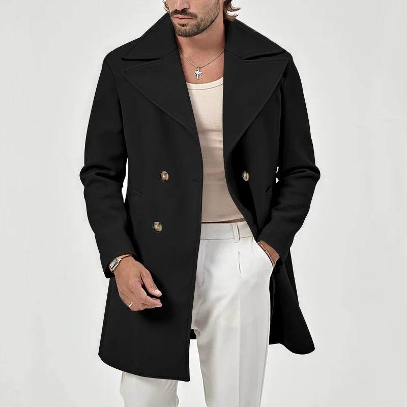 

Europe and the United States men's retro suit collar medium length woolen slim coat casual solid color all-matching men's trench