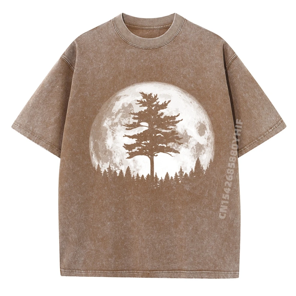 

Short Sleeve Tees Oversized Cotton Fabric Women's Men T-shirt Retro Full Moon Minimalist Pine Tree Casual Washed Tee-Shirt