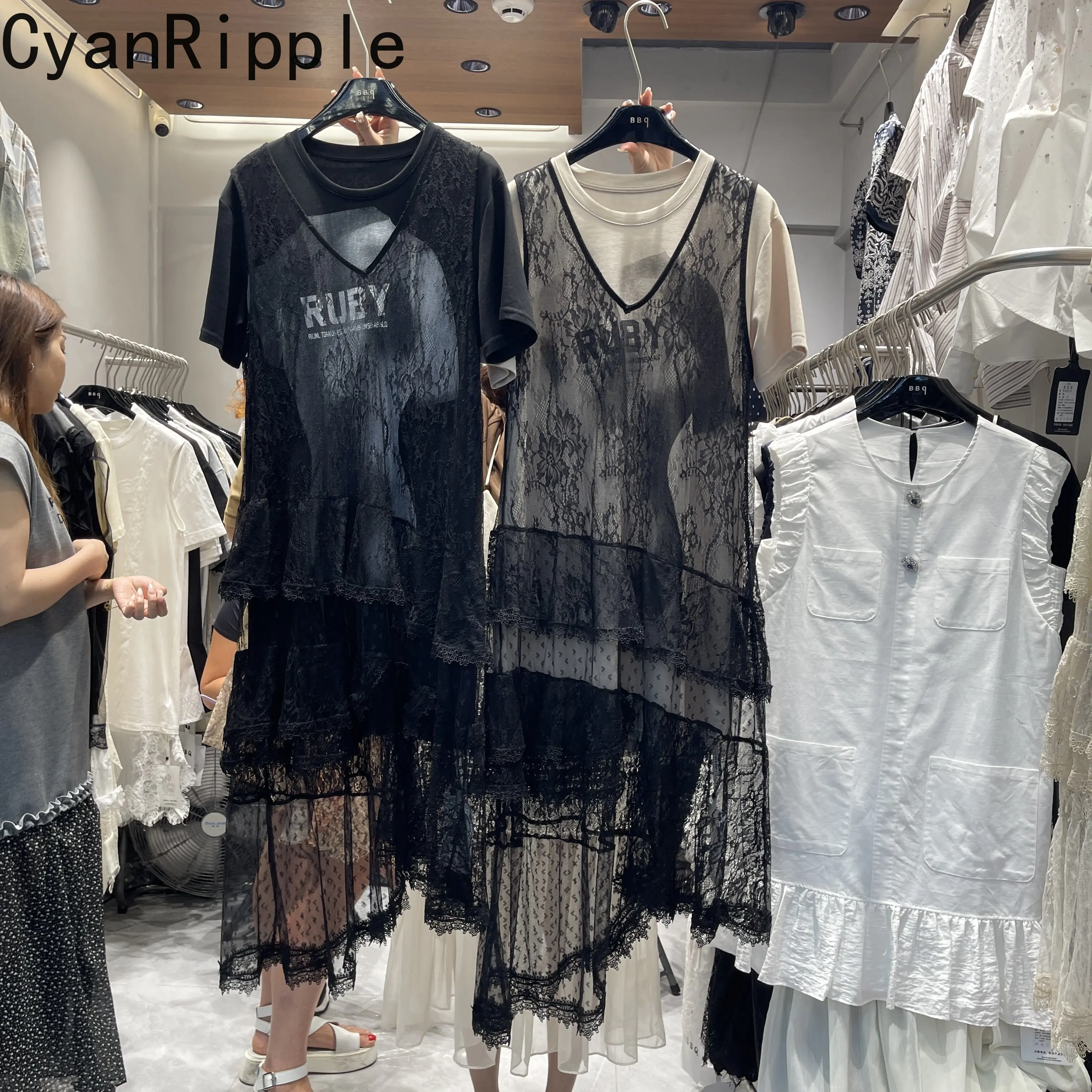 

2026 New Spring Summer Irregular Mid-long Round Neck Short Sleeve T-shirt Top Elegant V-neck Hollow Out Lace Fairy Dress Sets