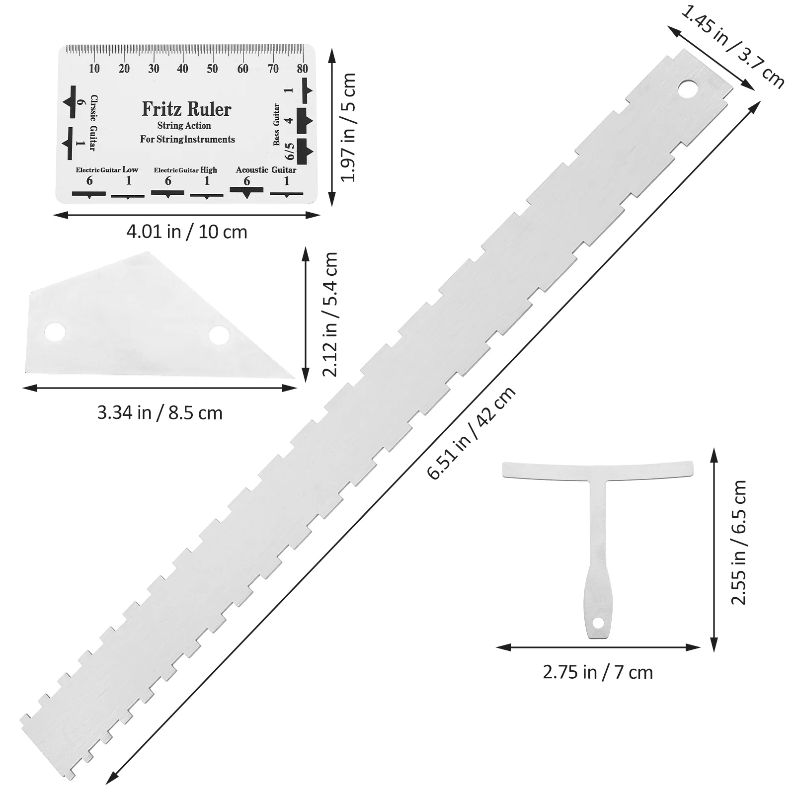 12 Buah Kit Alat Gitar Bass Penggaris Ukur Senar Busur Perata Gergaji Tinggi Alat Pengukur Aksi Alat Luthier Akustik Perak