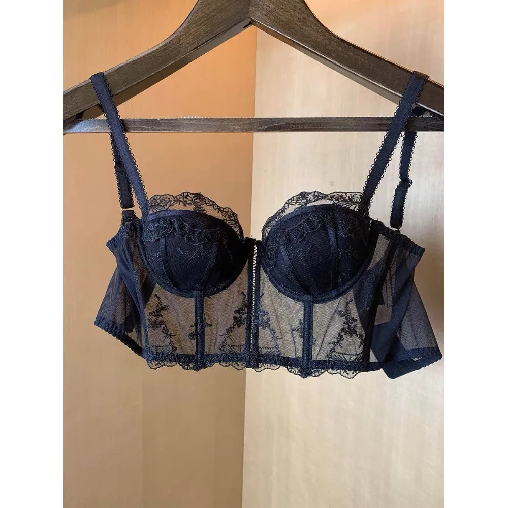 Ensemble soutien-gorge bustier long élégant en dentelle brodée style rétro français, demi-bonnet, avec soutien push-up et effet sculptant, kit de lingerie quotidienne pour femme