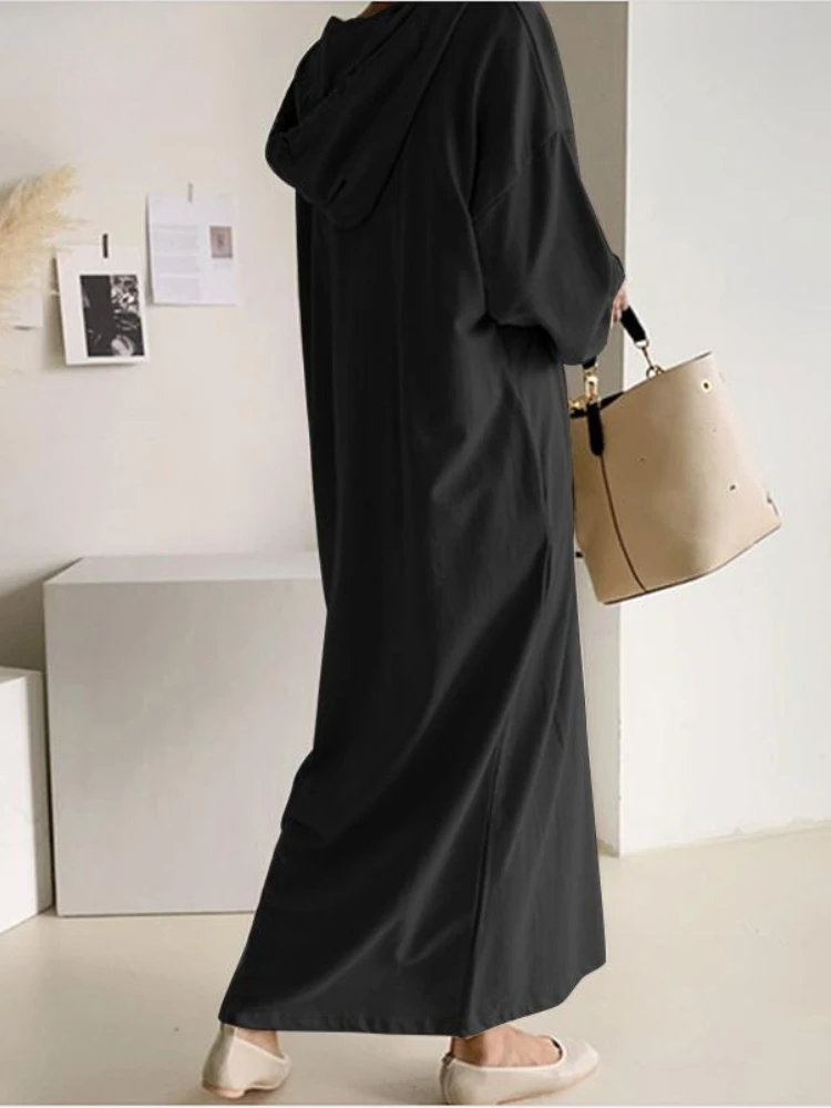 2024 Autumn New Women\'s Commuting Style Elegant Solid Color Long Hoodie Warm Thick Casual Long Hoodie Dress