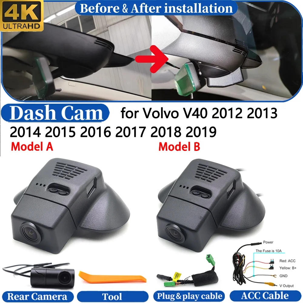 Dash Cam for Volvo V40 2012-2019 Front＆Rear 4K UHD 24h DVR Dashboard Camera Video Drive Recorder Night Vision Parking Mode