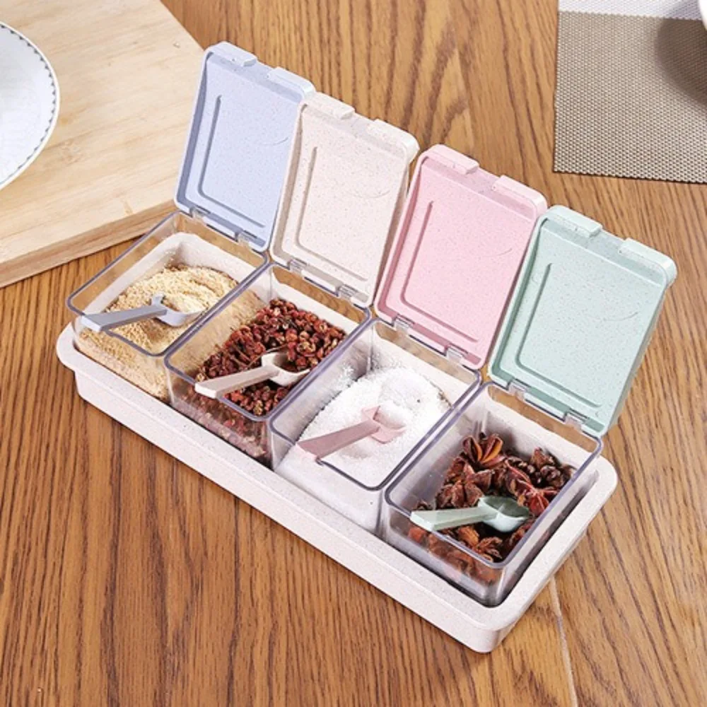 

New 4 Grids Seasoning Box with Spoon Eco-friendly Kitchen Organizer Multifunctuion Integrated Seasoning Storage Kitchen Use