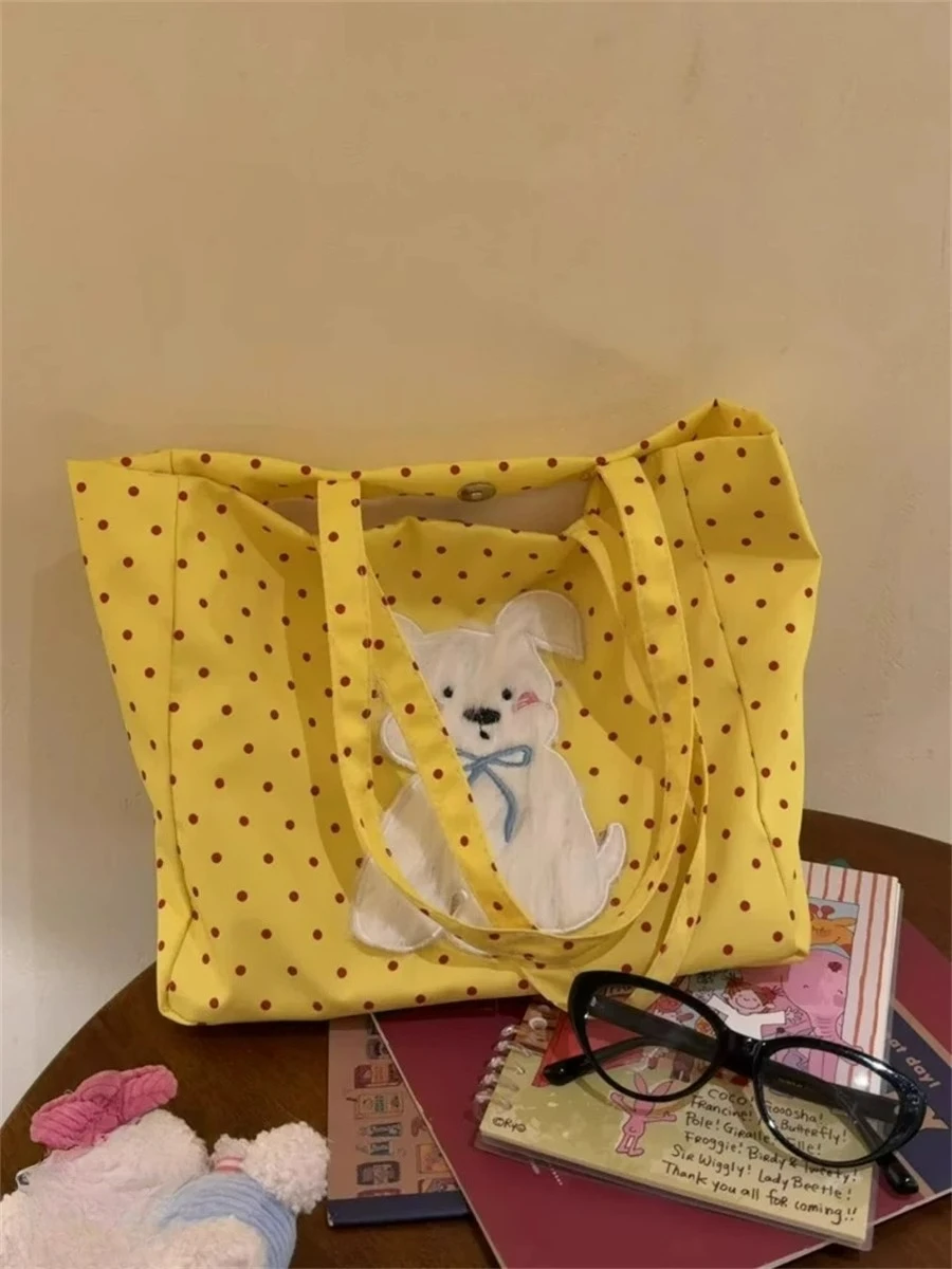 

2025 New Cute Polka Dot Cartoon Canvas Bag Women's Large Capacity Tote Student Commuting Shoulder Tote Bags