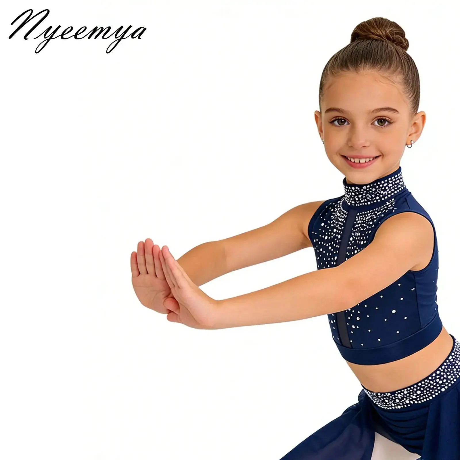 

Girls Ballet Set Figure Skating Costume Sleeveless Rhinestones Crop Top with Mesh Skirt Praise Lyrical Modern Dancewear Outfits