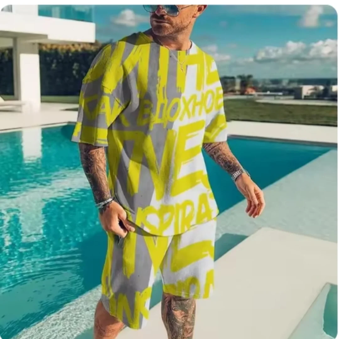 

Summer new men's 3D printed full body T-shirt set, casual, fashionable, luxurious style street wear shorts