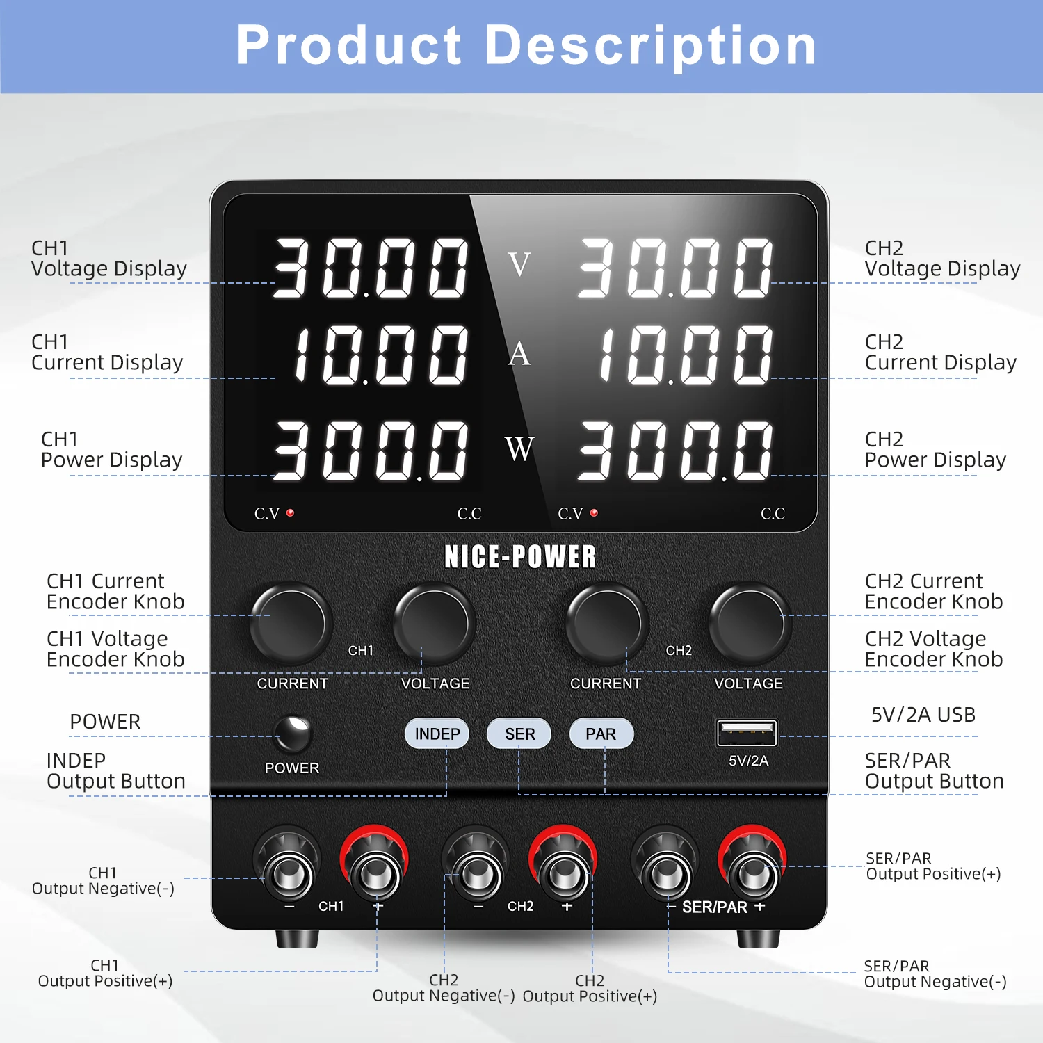 NICE-POWER 3 Ways Lab Power Supply Adjustable 30V 10A 20A Teaching Power Source 48V 120V 240V One-key Series Parallel USB Output