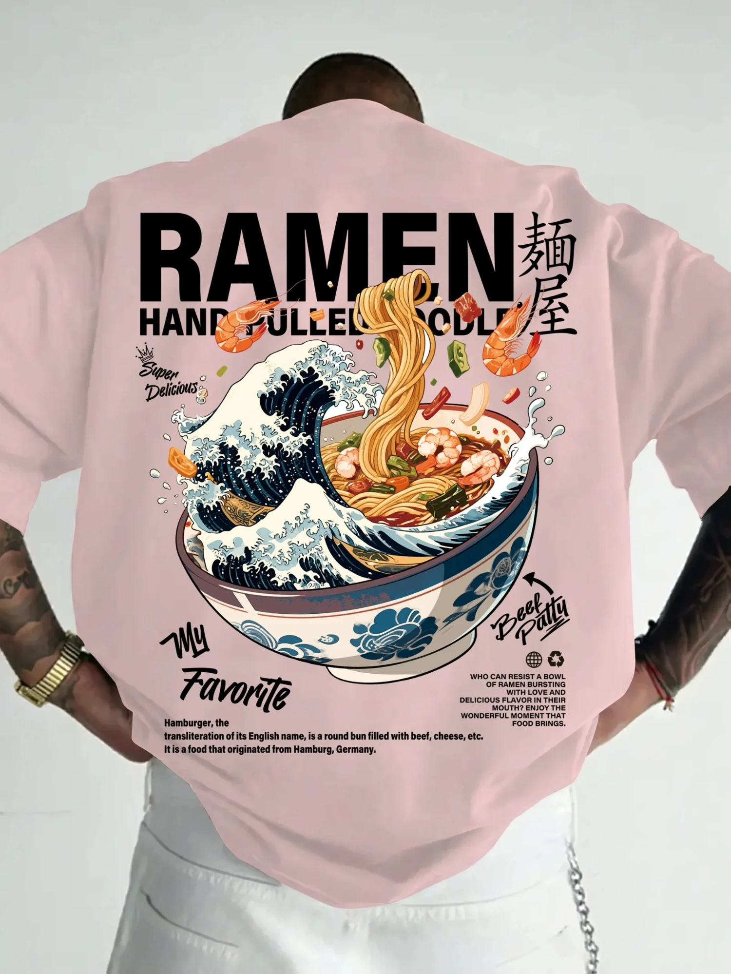 Herren-Sommer-T-Shirt mit japanischem Ramen-Wellen-Print, lässiges Kurzarm-Oberteil mit Rundhalsausschnitt, trendiges, bequemes, atmungsaktives Oberteil