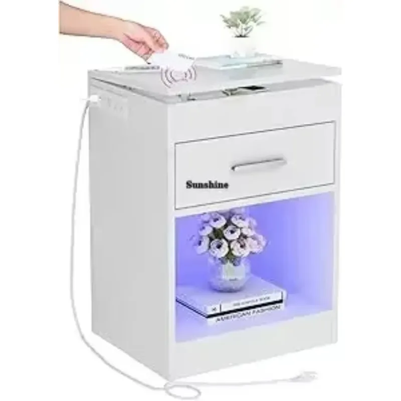 Nightstand With Charging Station, Led Lights Concealment Furniture Design, Rfid Lock Cabinet Power Outlets T*