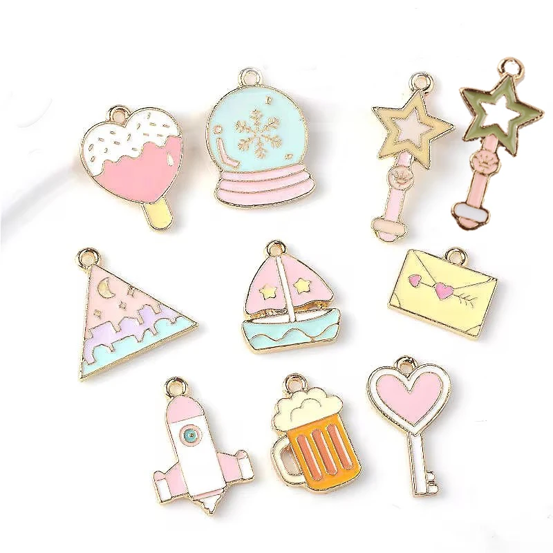 10pcs Hot Selling Korean Enamel Heart Key Beer Mug Rocket Charms Alloy Pendant Diy Earrings Accessories Hand-Made Wholesale