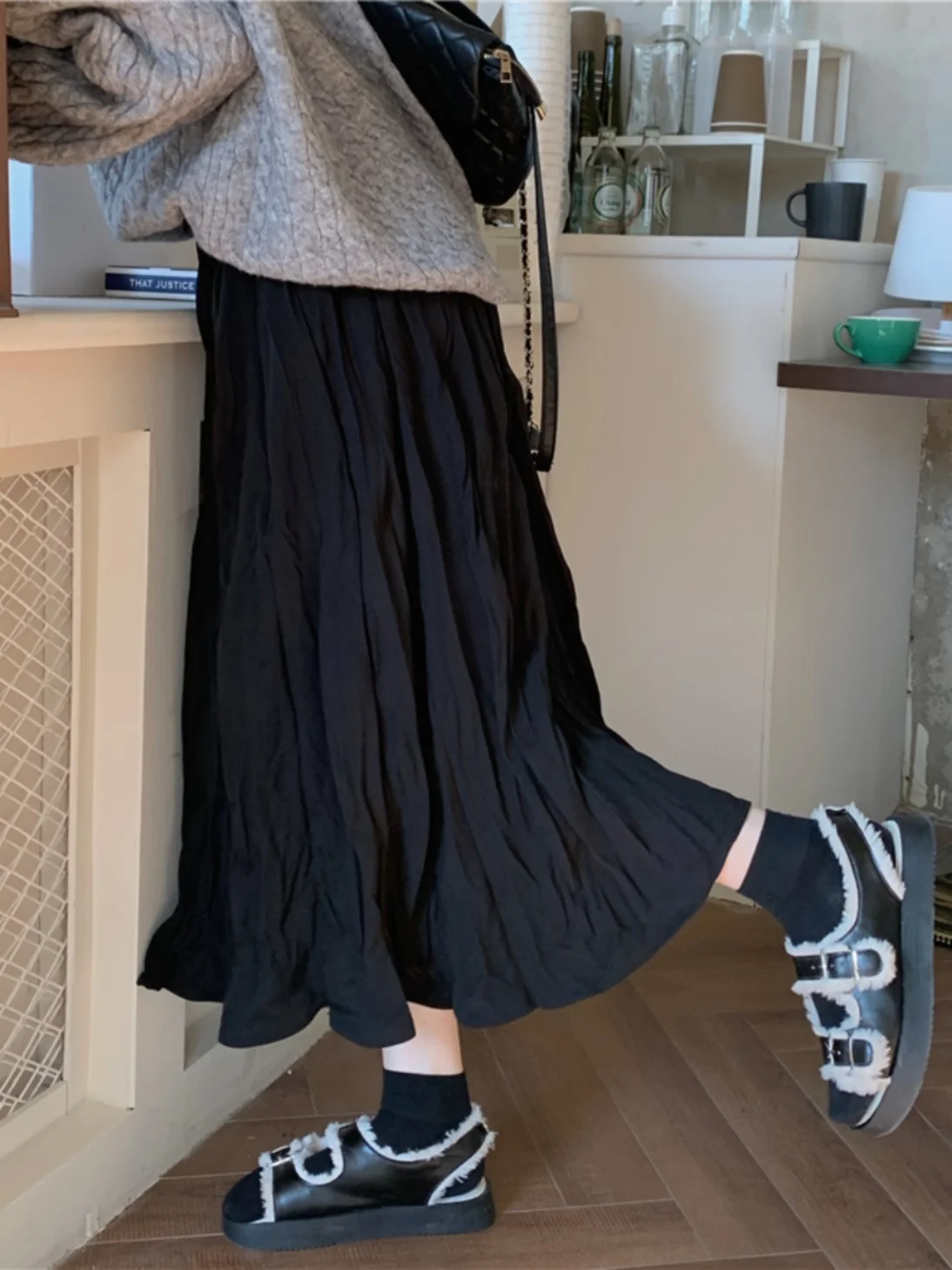 Cherry Blossom Folded Half-length Skirt Women's Autumn Winter High Waist Slimming Midi A-line Pleated Skirt Versatile Sweet S...