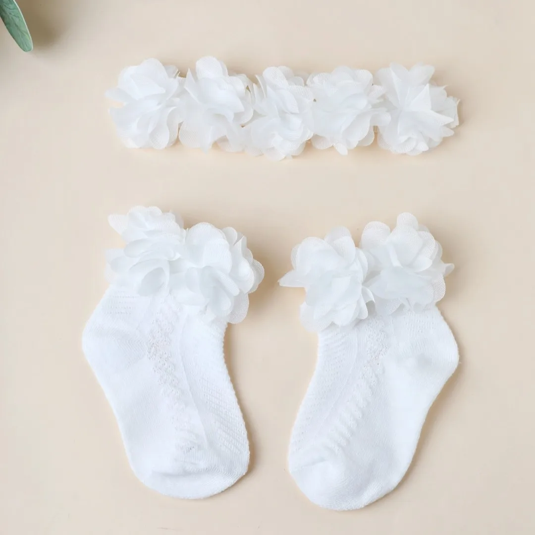 2Pcs Baby Chiffon Flower Headbands Socks Set Newborn Sweet Wedding Girl Princess Bow Elasitc Hair Bands Hair Accessories