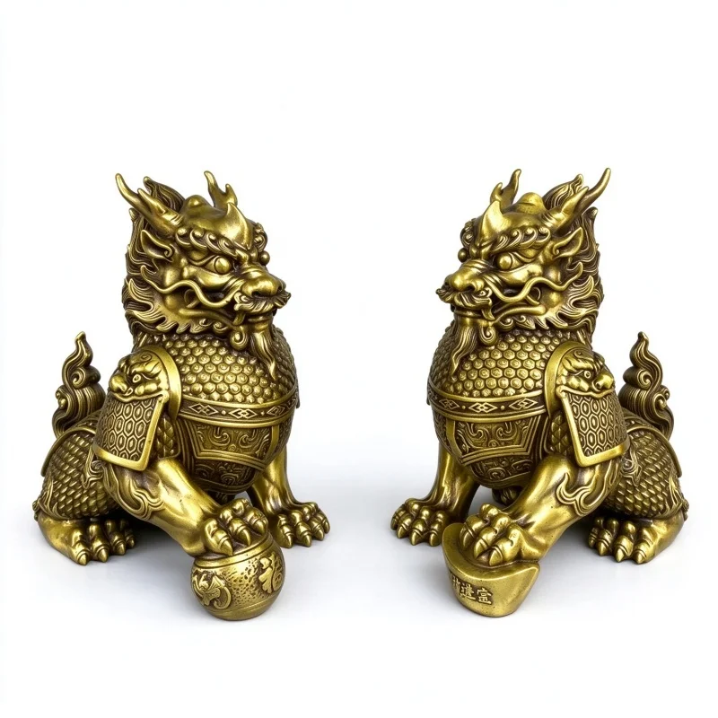 Pair Brass Qilin Kylin Statue Feng Shui Figurine 11x7x12cm Wealth Prosperity Ornament Chinese Mythical Home Office Decor Gift