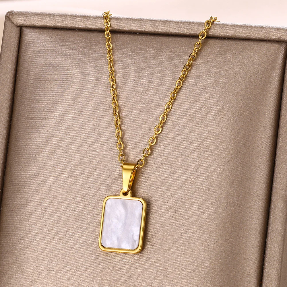 Stainless Seel Acrylic Square Shape Necklaces Pendant For Women Shiny Crystal Geometric Gold Color Necklace Wedding Jewelry Gift