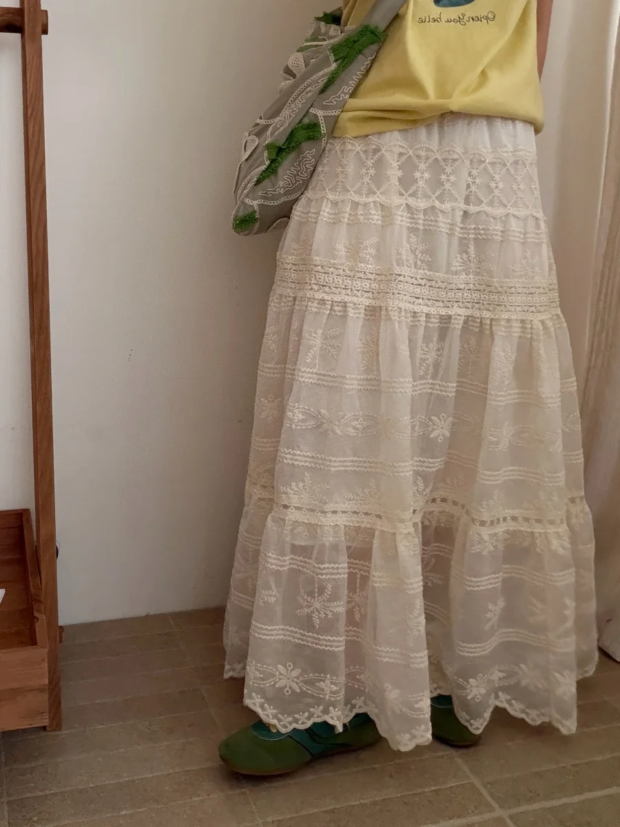 

Женская юбка-кейк из тюля с кружевными вставками, весна 2026, новая модель, свободный крой, нежная, длинная, с вышивкой, китайский бренд