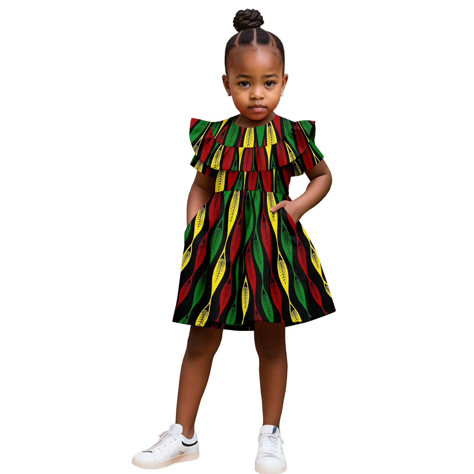 African Clothes Print Ruffles Dresses for Girls Dashiki Kid Ankara Outfits Bazin Riche Summer Cotton Children Outwear 2445002