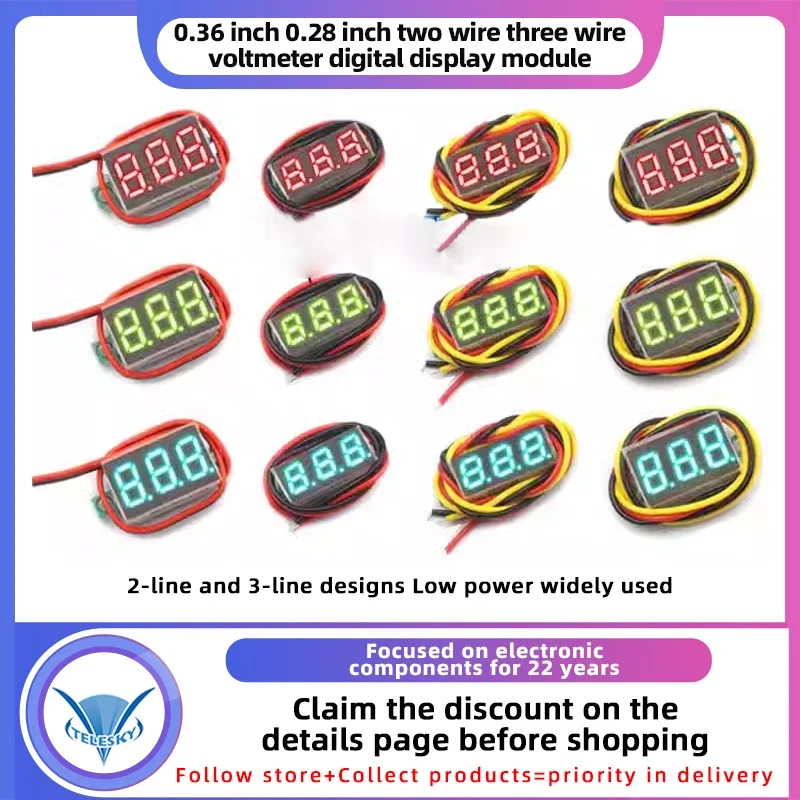 5PCS 0.28 /0.36 Inch Two-Wire Three-Wire DC LED Digital Display Voltmeter 0-100V 2.5V-30V Display Meter Red Green Blue Yellow