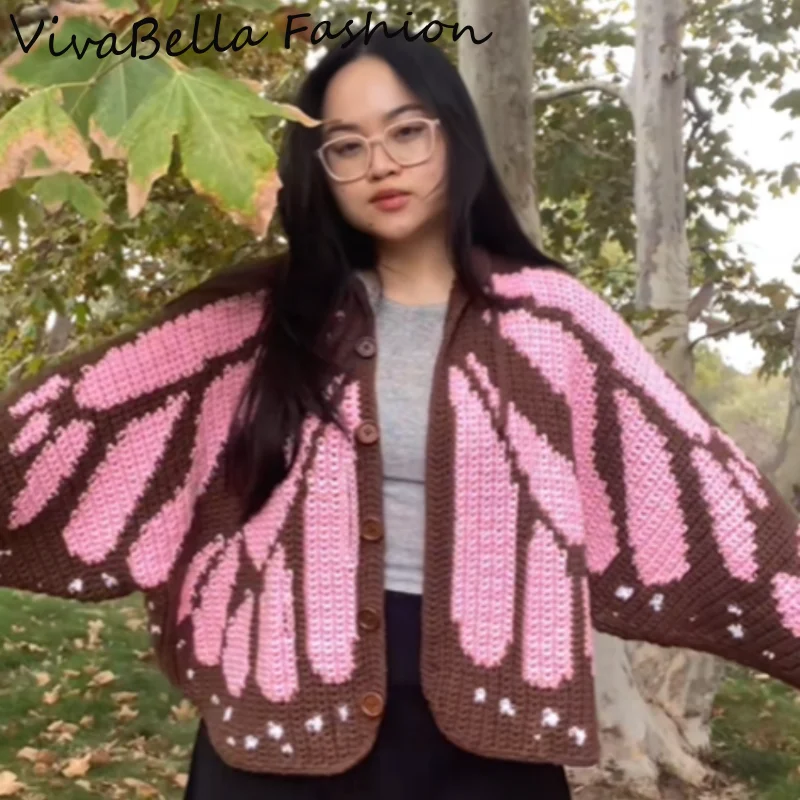 

Batwing Sleeve Women's Cardigan Butterfly Shaped V Neck Crochet Knit Sweater Single Breasted Capes 2026 New Spring Autumn Coats