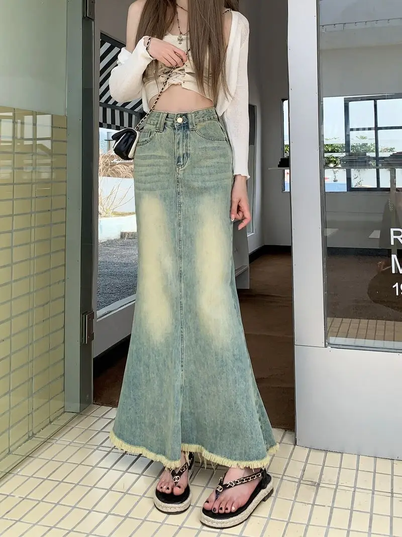 Blue Women's Denim Skirt High Waist Female Jeans Skirts Sexy Coquette Long Chubby Maxi Chic and Elegant Stylish Modest Harajuku