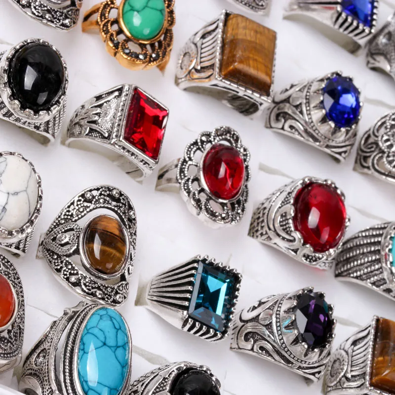 Wholeseale lots 20pcs Turquoise Natural stone Silver Plate Gold Plate Ring Men Vintage Alloy Crystal Rings Wedding Jewelry