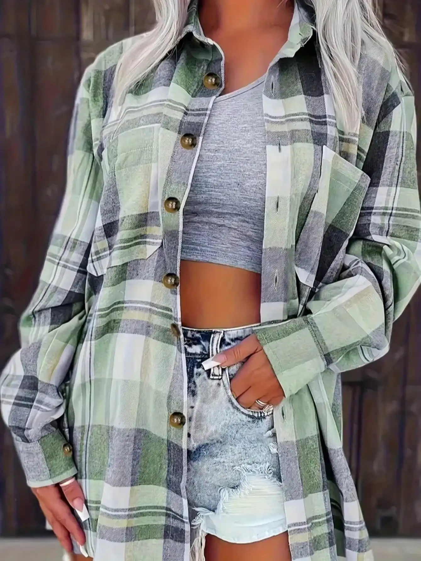 

Oversized Green Plaid Flannel Shirt for Women - Loose Fit Long Sleeve Button Down Top