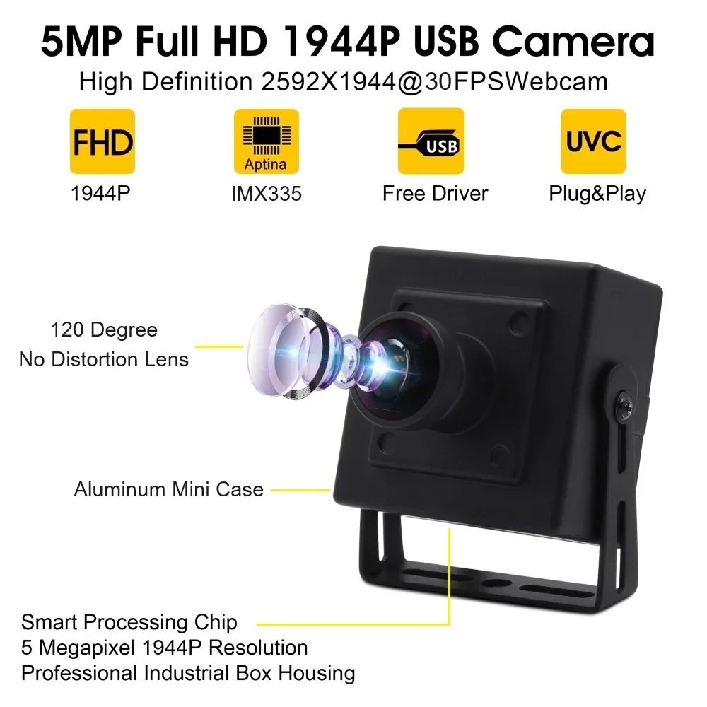 ELP 5MP 30fps USB Camera 2592x1944 120 Degree Wide Angle No Distortion UVC Security Camera for Windows Mac Linux Raspberry PI