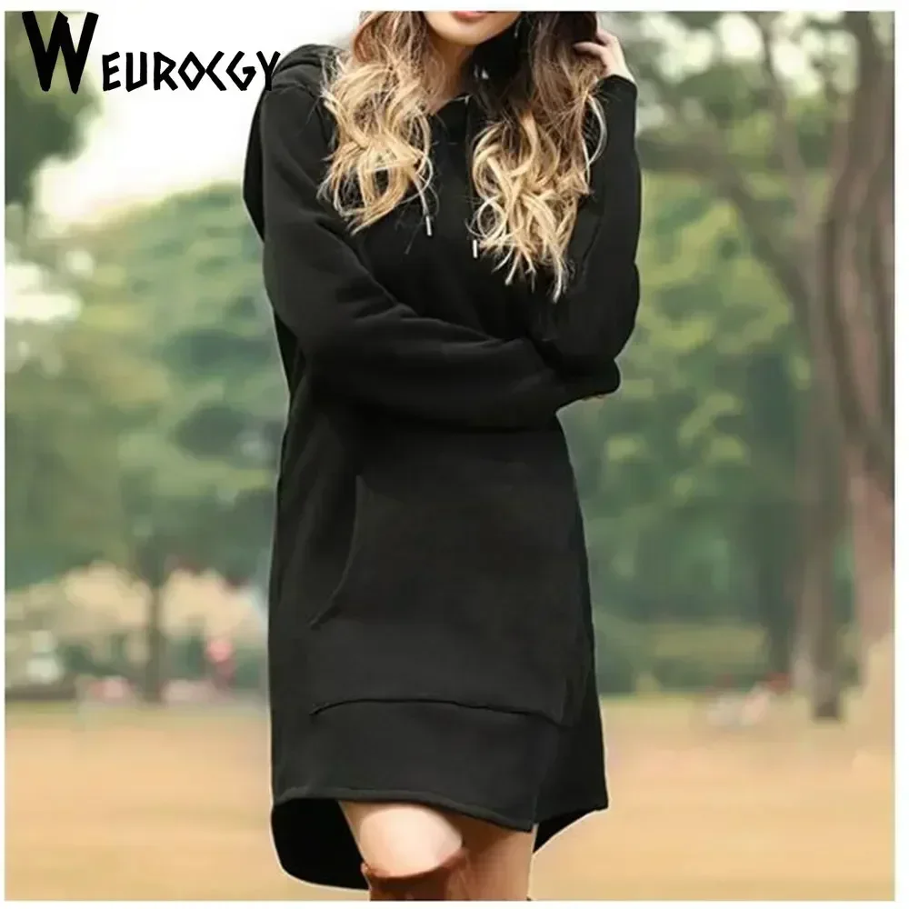 Spring Autumn Women Korean Pop Hoody Casual Long Tops Pullover Fashion Hoodies DressSolid Color Vintage Big Pocket Sweatshirt