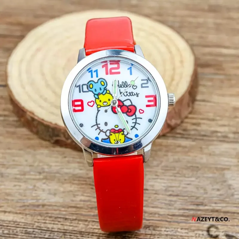 Hello Kitty Cartoon Children's Watch Leather Strap Boys and Girls Quartz Watch Student Clock Women's Watch Holiday Gift