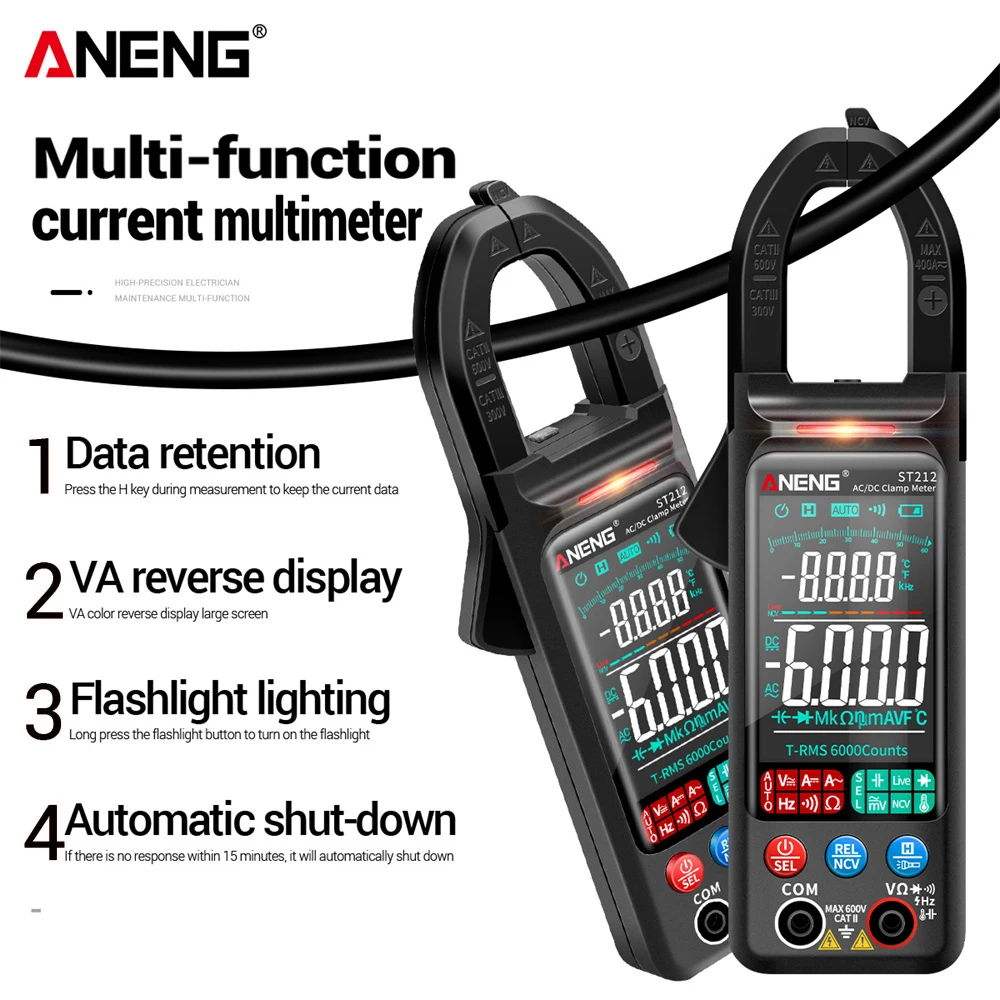 ANENG ST212 Digital Clamp Meter 6000 Counts DC/AC Current 400A Amp Multimeter Large Color Screen Voltage Tester Car Hz NCV Ohm