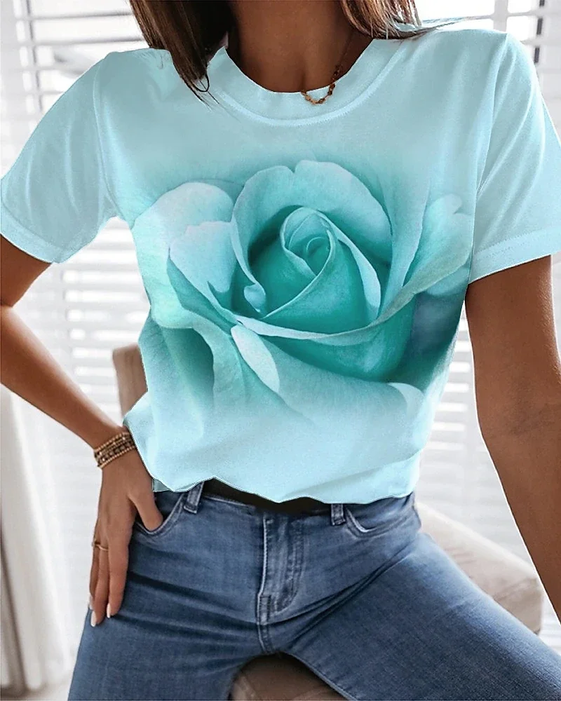 Boutique Rose Flower Graphic T Shirt Fashion Trend Women\'s Short Sleeve Shirts Casual O-neck Loose Tees Streetwear Free Shipping