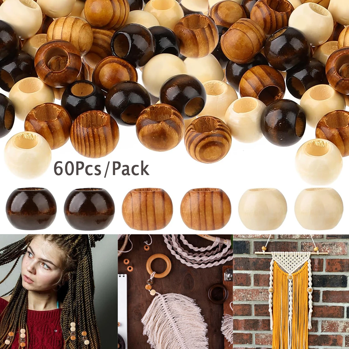 60Pcs Natural Wooden Spacer Beads 20mm Wooden Macrame Beads Large Hole Wood Beads Round Loose Beads for Jewelry Making Hair DIY